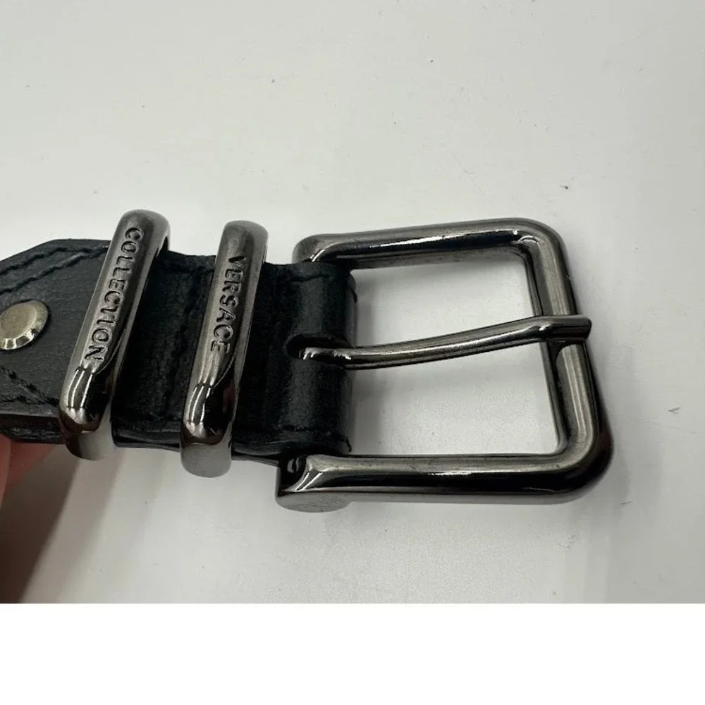 Versace Collection Mens Black Leather Belt Gunmetal Buckle Made in Italy Size 38